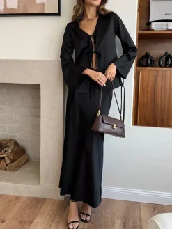 Lace Up Satin Midi Skirt Set