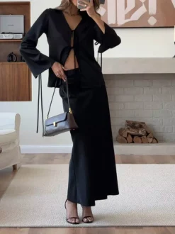 Lace Up Satin Midi Skirt Set