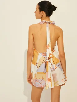 Lace-Up Backless Printed Shorts Set