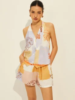 Lace-Up Backless Printed Shorts Set
