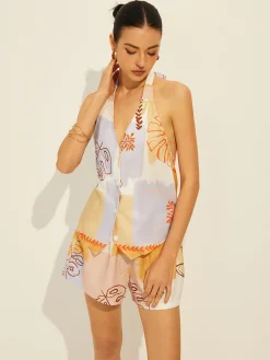 Lace-Up Backless Printed Shorts Set