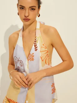 Lace-Up Backless Printed Shorts Set