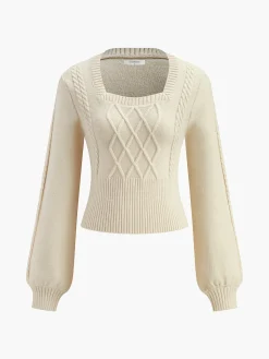 Lantern Sleeve Cinched Waist Twist Sweater