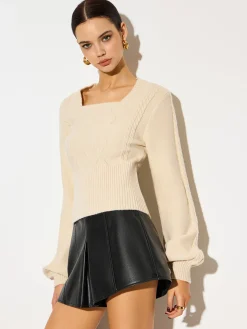 Lantern Sleeve Cinched Waist Twist Sweater