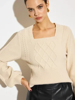 Lantern Sleeve Cinched Waist Twist Sweater