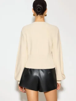 Lantern Sleeve Cinched Waist Twist Sweater