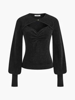 Lantern Sleeve Sweetheart Pleated Knit Top