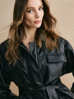 Lapel Belted Zipper PU Leather Jacket