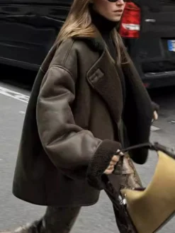 Lapel Faux Leather Warm Jacket