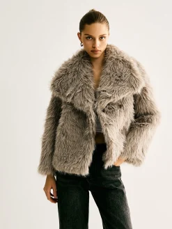 Lapel Pockets Faux Fur Coat