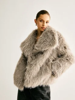 Lapel Pockets Faux Fur Coat