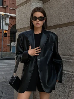 Lapel Pockets Leather Blazer