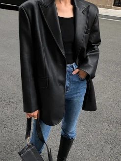 Lapel Pockets Leather Blazer