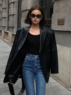Lapel Pockets Leather Blazer