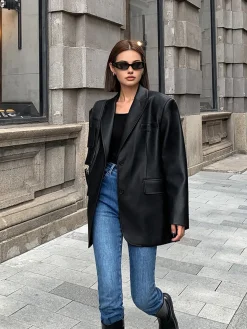 Lapel Pockets Leather Blazer