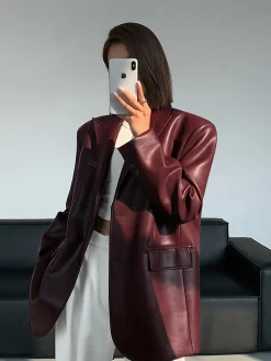 Lapel Pockets Leather Blazer
