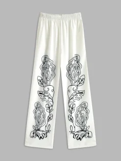 Lapel Printed Elastic Waist Pants Set