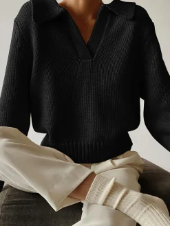 Lapel Ribbed Pullover Sweater