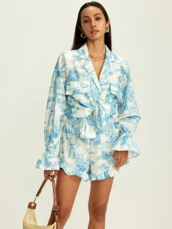 Lapel Ruffle Printed Shorts Set