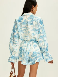 Lapel Ruffle Printed Shorts Set