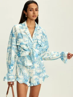 Lapel Ruffle Printed Shorts Set
