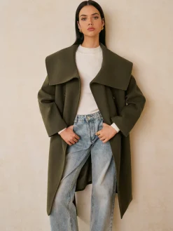 Large Collar Belted Tweed Coat
