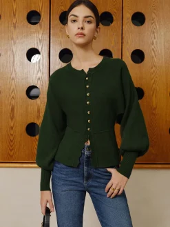 Leg-Of Mutton Sleeve Wave Trim Knit Top