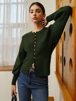 Leg-Of Mutton Sleeve Wave Trim Knit Top
