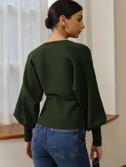 Leg-Of Mutton Sleeve Wave Trim Knit Top