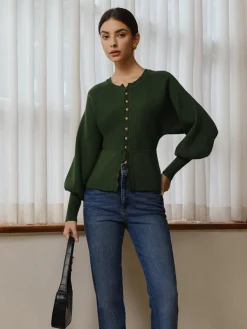 Leg-Of Mutton Sleeve Wave Trim Knit Top