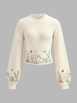 Leg-Of-Mutton Sleeve Embroidery Cinched Sweater