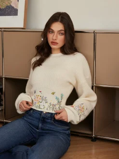 Leg-Of-Mutton Sleeve Embroidery Cinched Sweater