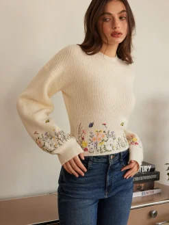 Leg-Of-Mutton Sleeve Embroidery Cinched Sweater