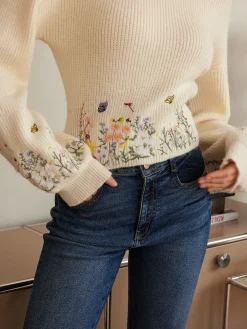 Leg-Of-Mutton Sleeve Embroidery Cinched Sweater