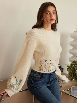 Leg-Of-Mutton Sleeve Embroidery Cinched Sweater