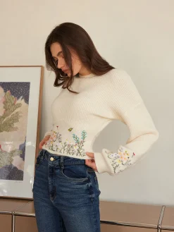 Leg-Of-Mutton Sleeve Embroidery Cinched Sweater