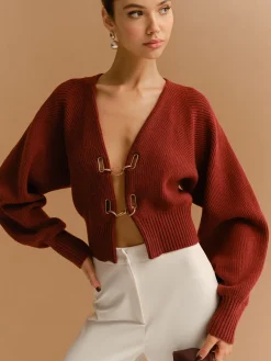 Leg-Of-Mutton Sleeve Metal-Detail Short Cardigan