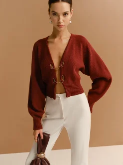 Leg-Of-Mutton Sleeve Metal-Detail Short Cardigan