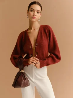 Leg-Of-Mutton Sleeve Metal-Detail Short Cardigan