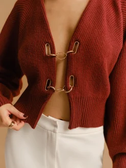 Leg-Of-Mutton Sleeve Metal-Detail Short Cardigan