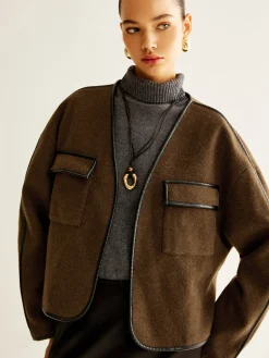 Leisure Contrast Trim Tweed Coat
