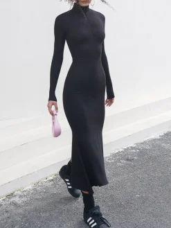 Leisure Mock Neck Long Sleeve Midi Dress