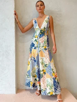 Lemonade Print Lace Trim Long Dress