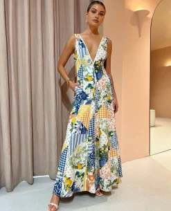 Lemonade Print Lace Trim Long Dress