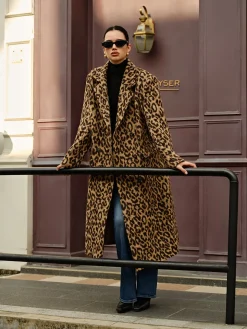 Leopard Pockets Long Wool Coat
