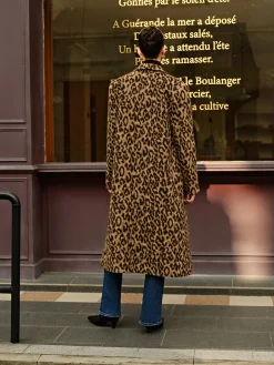 Leopard Pockets Long Wool Coat