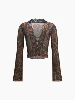 Leopard Print Long Sleeve Lace Trim Blouse