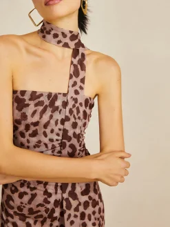 Leopard Print Mesh Halter Midi Dress