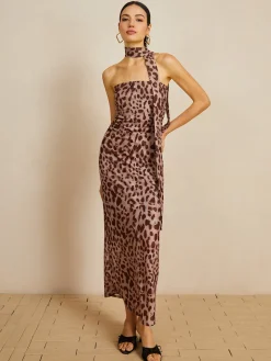 Leopard Print Mesh Halter Midi Dress