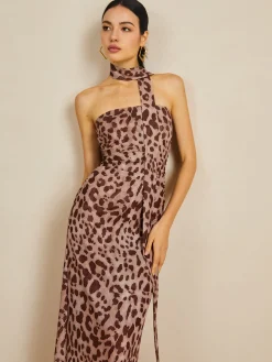 Leopard Print Mesh Halter Midi Dress